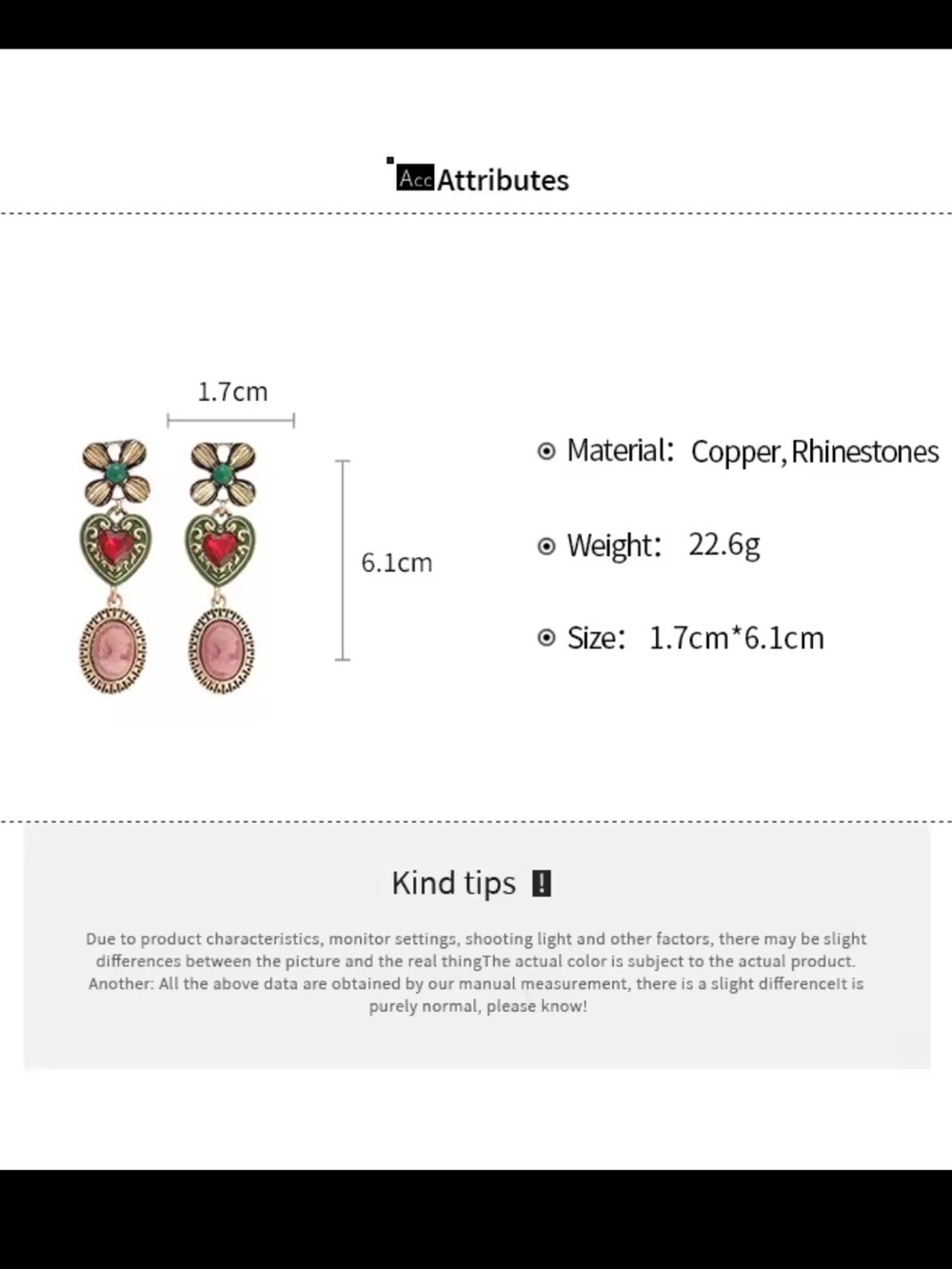 New Vintage-Inspired Green & Gold Heart Drop Earrings with Red Gem and Pink - Picture 4 of 5